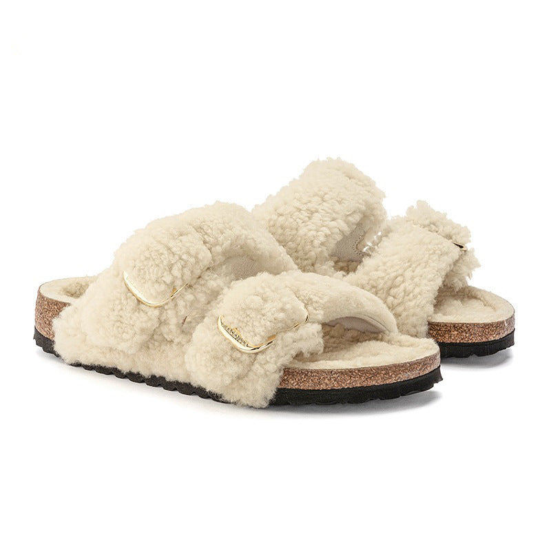 Ciabatte da esterno Lazybones con pelliccia, suola in cotone e sughero, ideali per comfort e stile all'aperto.