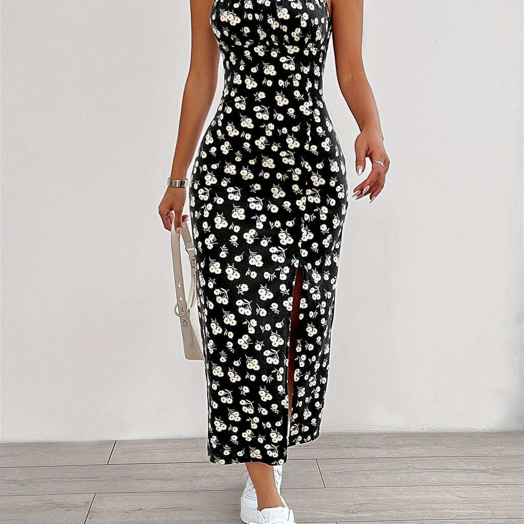 Floral Print Split Hem Cami Dress, Elegant Sleeveless Spaghetti Strap Dress For Spring & Summer, Women's Clothing