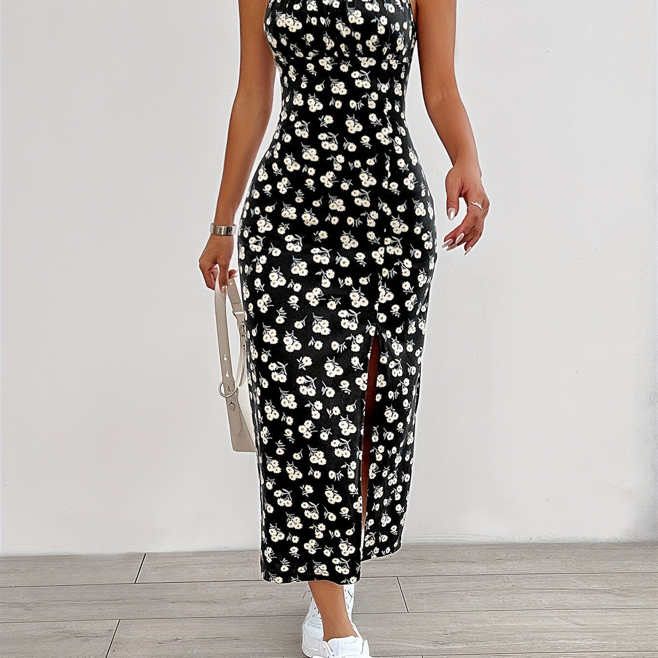 Floral Print Split Hem Cami Dress, Elegant Sleeveless Spaghetti Strap Dress For Spring & Summer, Women's Clothing