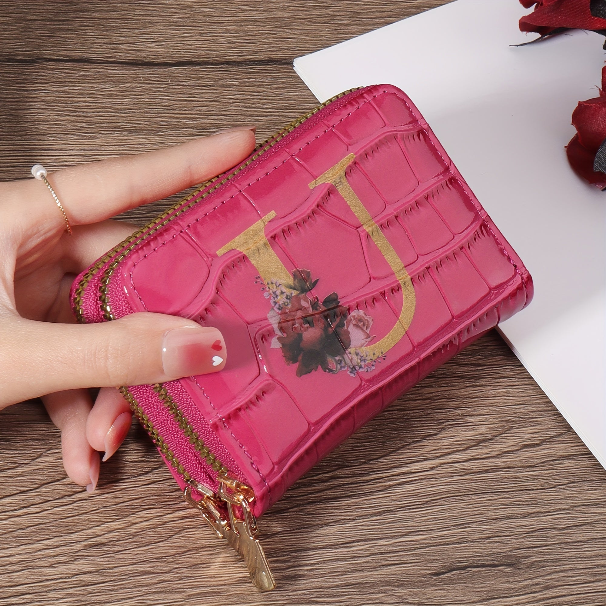 Portafoglio portacarte Valstrend con motivo floreale, piccolo, con cerniera, ideale per donne e uomini, stile a fisarmonica.
