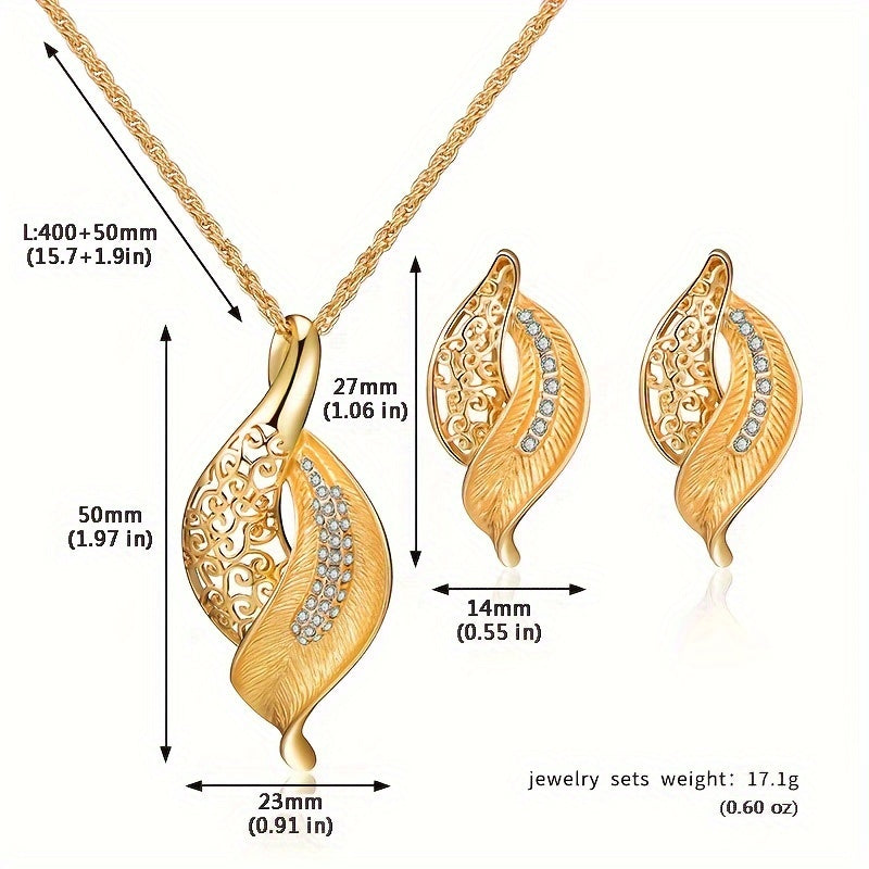 Set di gioielli con collana e orecchini a forma di foglia traforata con strass, stile elegante per uomo, ideale come regalo.