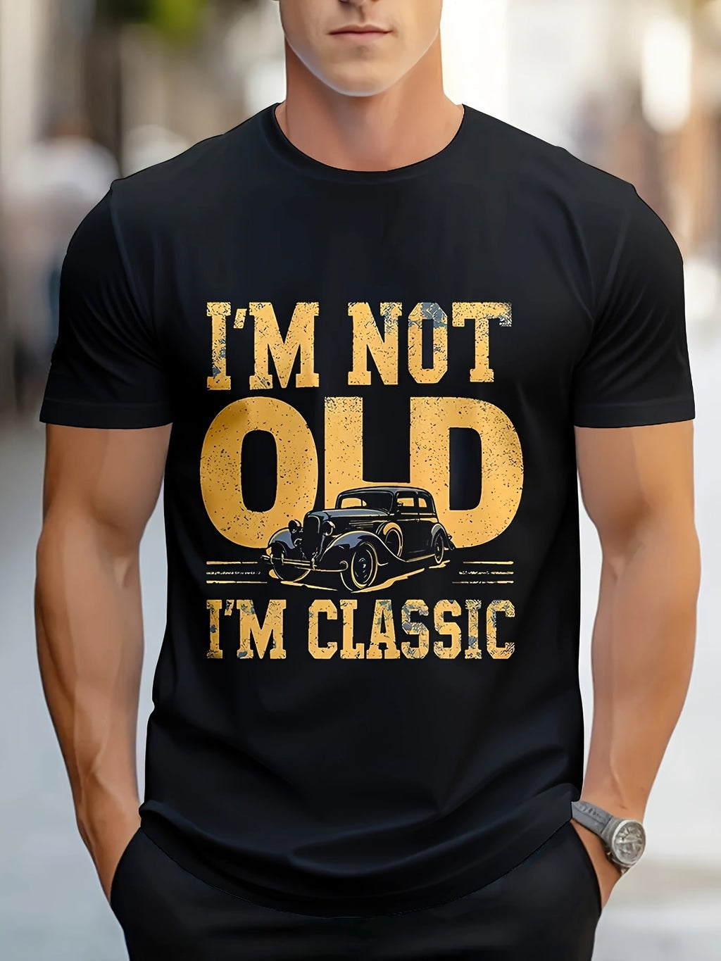 Maglietta casual da uomo Valstrend con motivo geometrico, design di auto vintage, tessuto elasticizzato, collo rotondo, stile classico