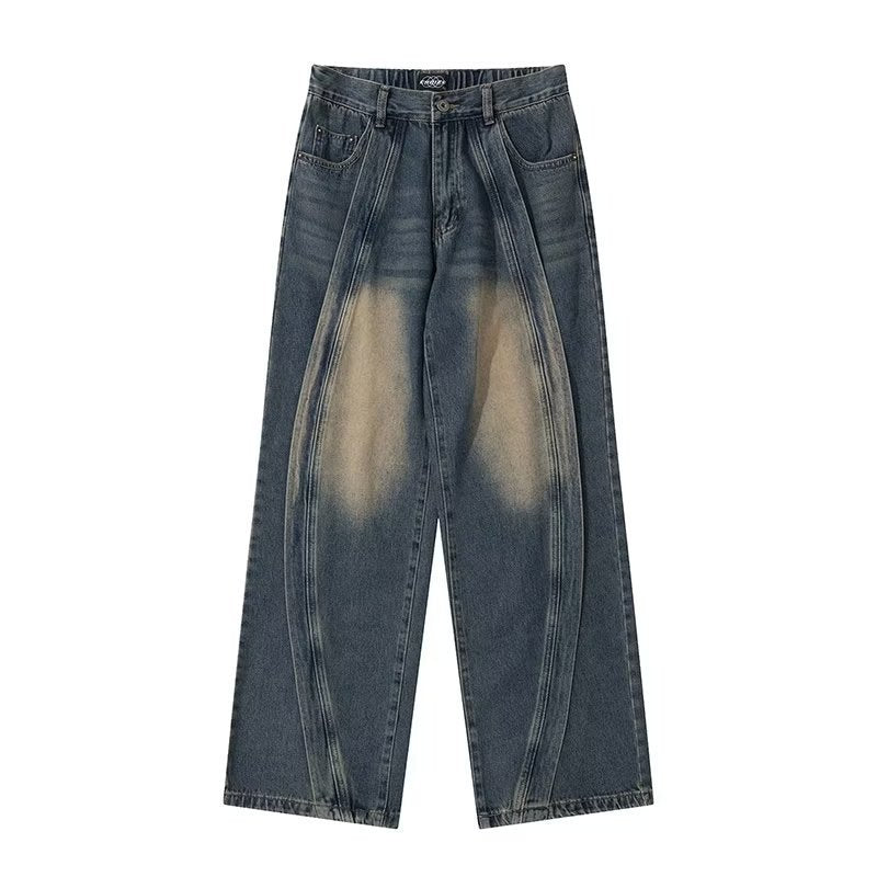 Jeans larghi retrò americani con patchwork, stile casual e vintage, morbidi e comodi, ideali per un look originale.