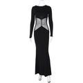 Vestito aderente a maniche lunghe in mesh con patchwork, vestibilità slim, marca Valstrend, abbigliamento femminile elegante.