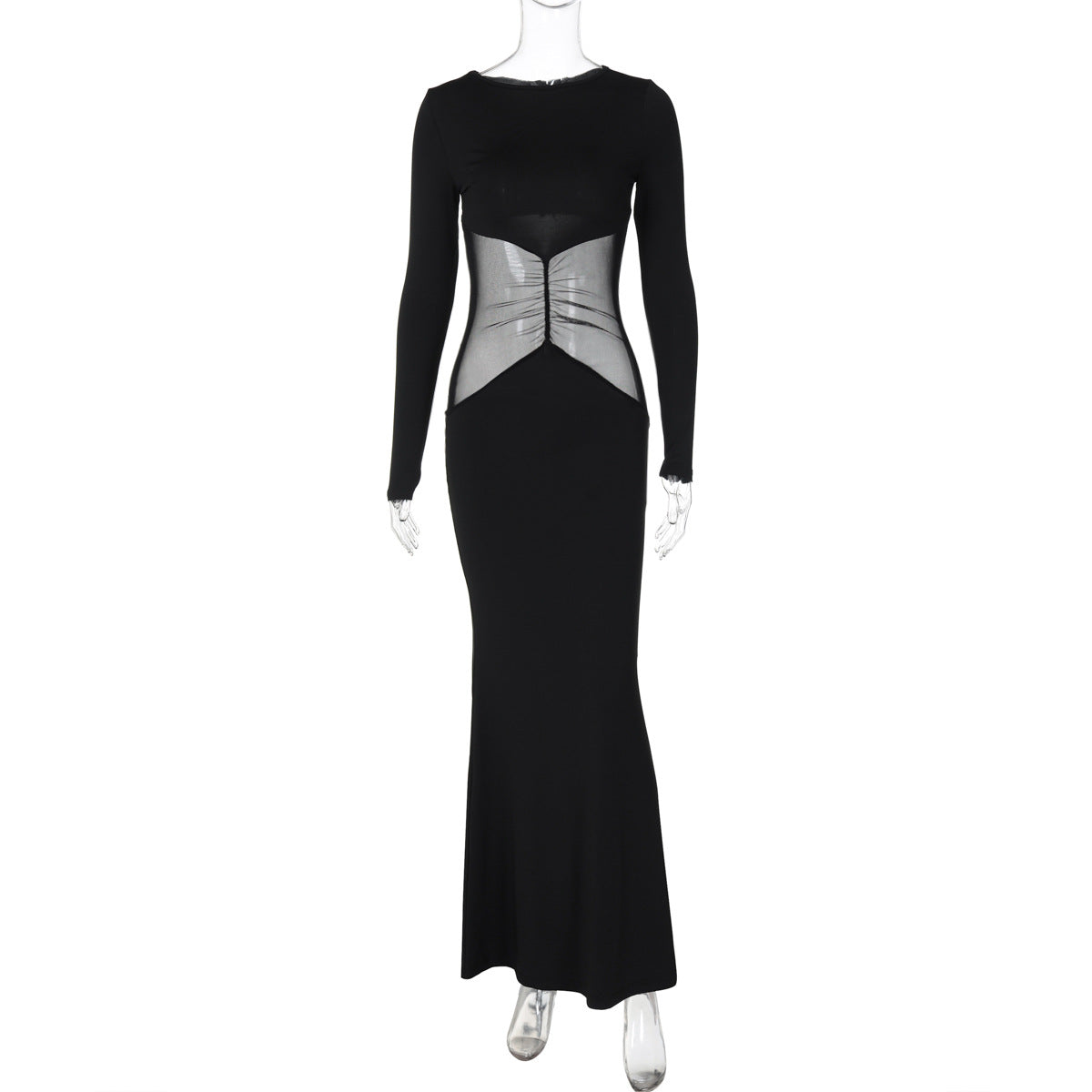 Vestito aderente a maniche lunghe in mesh con patchwork, vestibilità slim, marca Valstrend, abbigliamento femminile elegante.