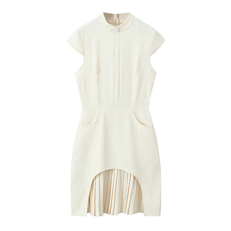 Vestito da donna Valstrend in tinta unita, senza maniche, con scollo rotondo e vita alta, tessuto increspato, stile elegante.