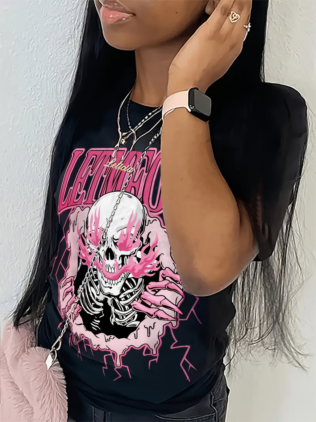 T-shirt donna con stampa di teschio, collo rotondo, maniche corte, abbigliamento casual per primavera ed estate, marca Valstrend.