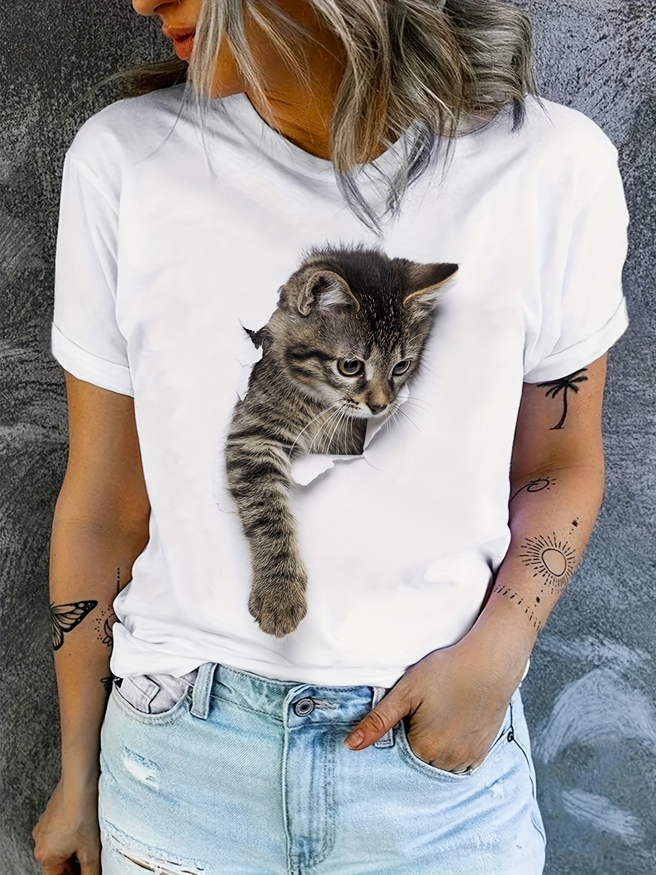 Maglietta casual con stampa di gatto carino, manica corta e collo rotondo, abbigliamento femminile di Valstrend shop
