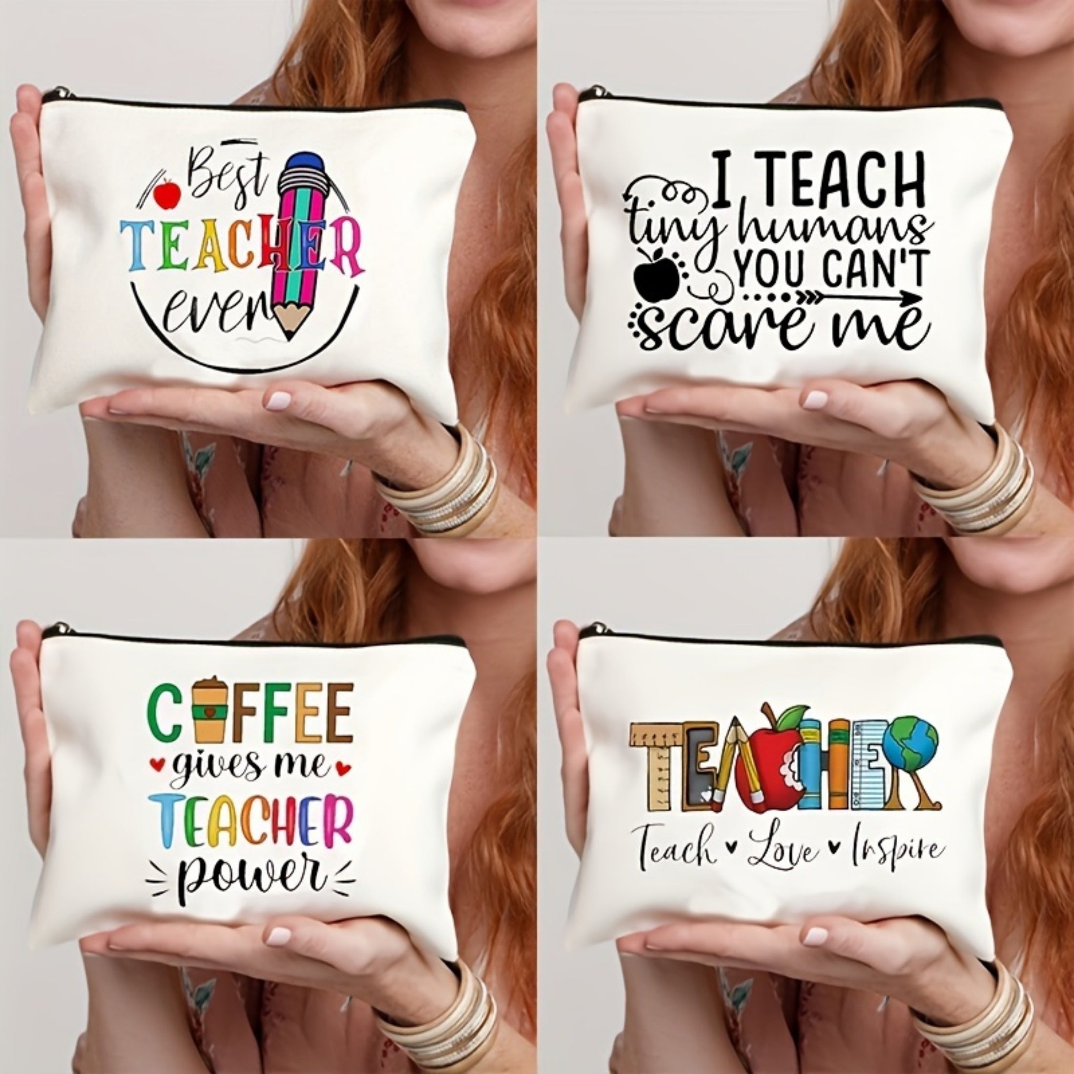 Borsa in cotone con tema insegnante, con zip, porta trucchi, penne e monete, ideale per viaggi, shopping e regali, marca Valstrend.