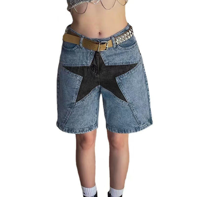 Pantaloni di jeans Valstrend con patch a stella a cinque punte in contrasto, stile casual e trendy.