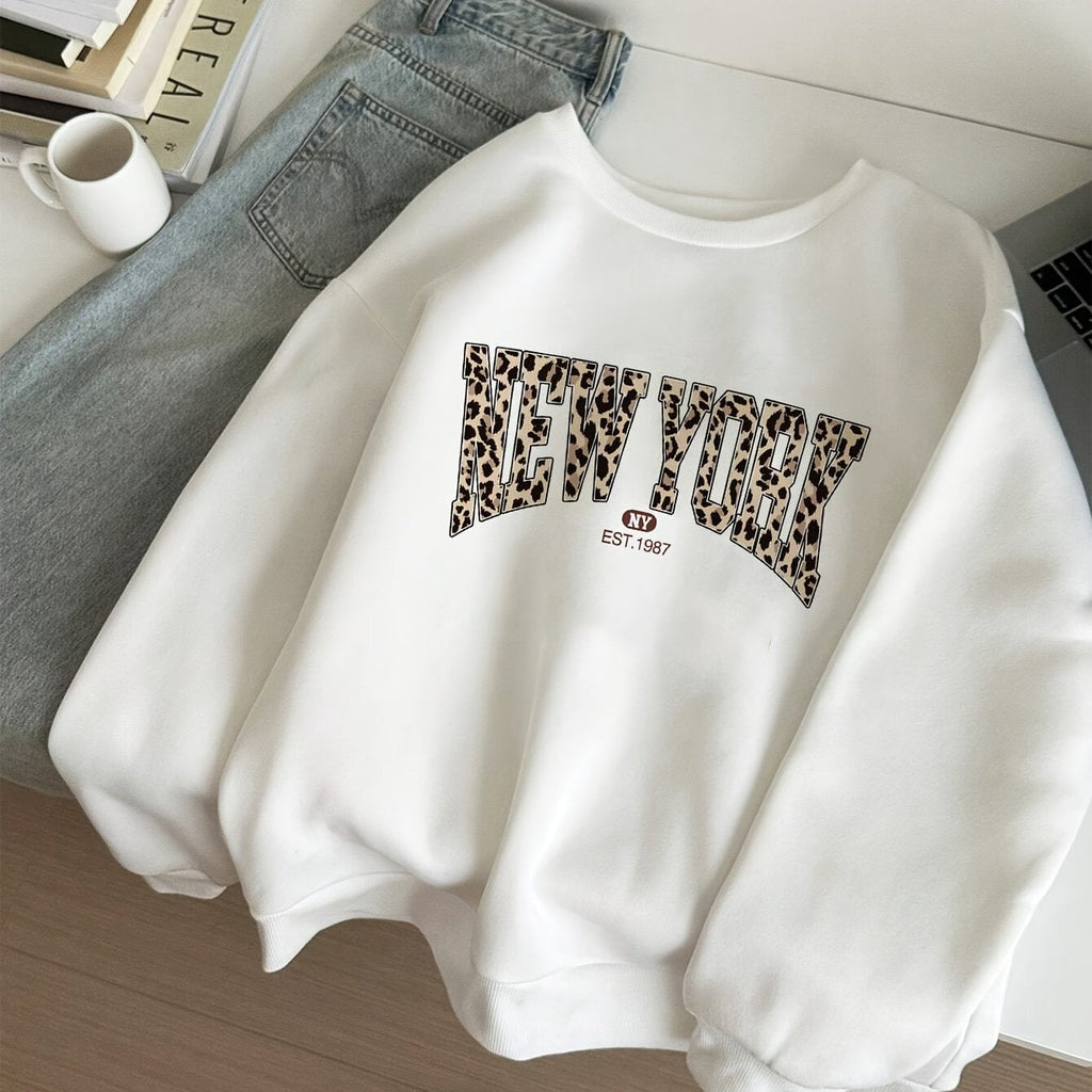 Women's Casual Loose Leopard Print "New York" Letter Sweatshirt, Polyester, Round Neck, Regular Length, Long Sleeves, Fall/Winter Fashion Pullover Hoodie
