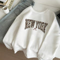 Women's Casual Loose Leopard Print "New York" Letter Sweatshirt, Polyester, Round Neck, Regular Length, Long Sleeves, Fall/Winter Fashion Pullover Hoodie