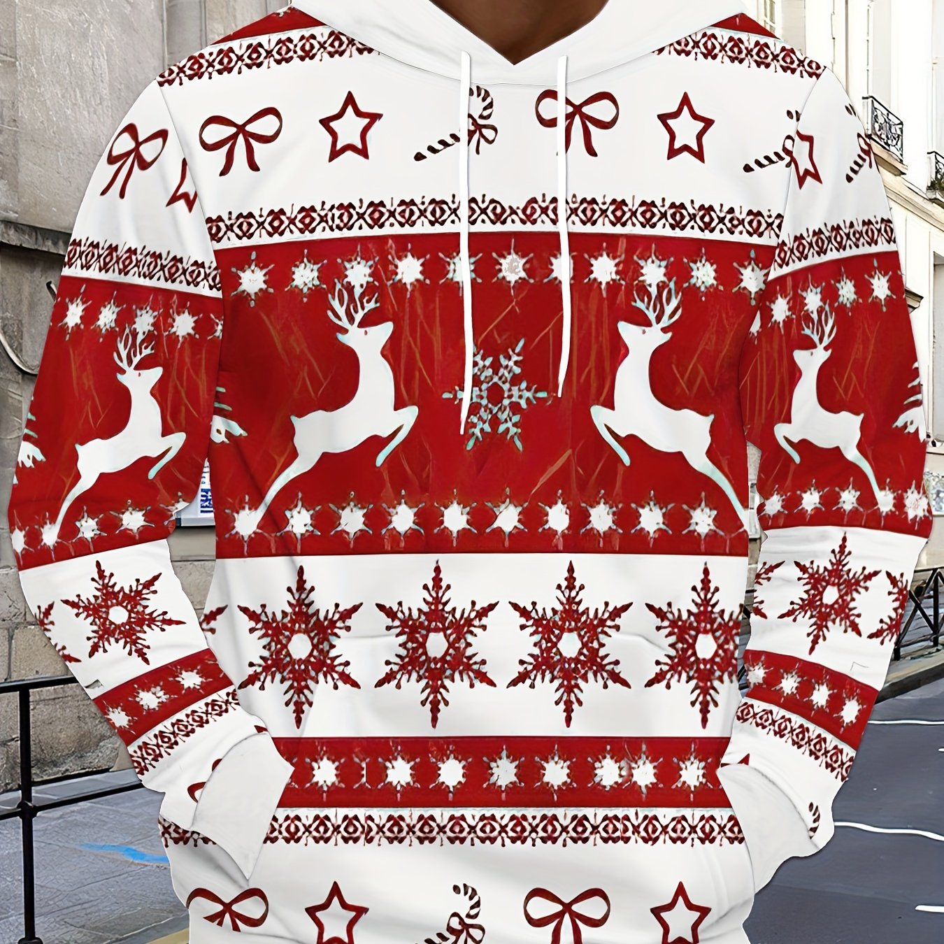 Felpa casual natalizia da uomo Valstrend con stampa 3D, collo a kangaroo, tessuto elastico e traspirante, adatta per autunno e inverno