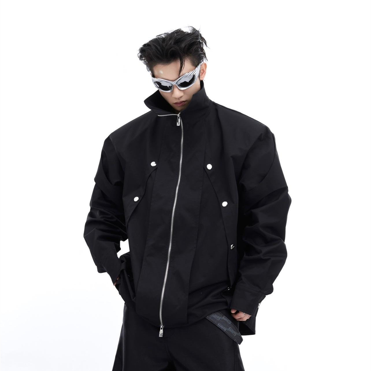 Men's Double-layer Design Stand Collar Shirt Metal Embellished Baggy Coat
