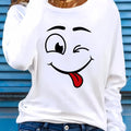 T-shirt donna Valstrend con stampa emoticon divertente, maniche lunghe, vestibilità comoda, perfetta per autunno e inverno.