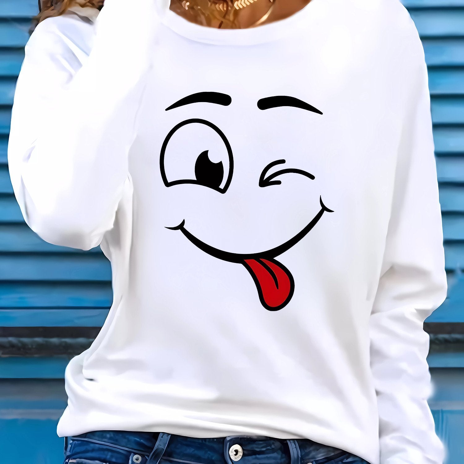 T-shirt donna Valstrend con stampa emoticon divertente, maniche lunghe, vestibilità comoda, perfetta per autunno e inverno.