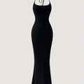 Solid Color Halter Neck Dress, Sexy Backless Slim Fit Mermaid Hem Dress For Spring & Summer, Women's Clothing