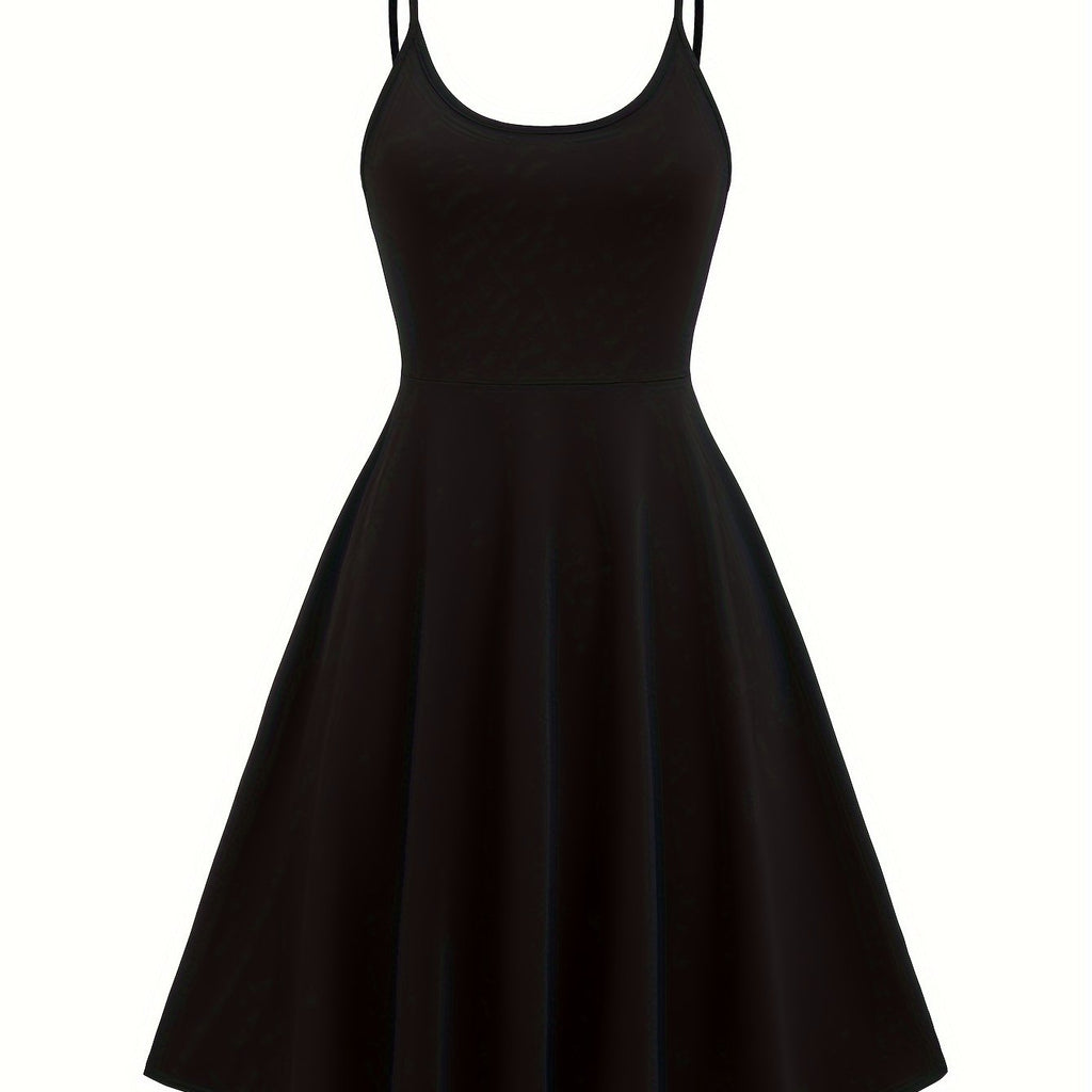 Solid Color Spaghetti Strap Drress, Casual Sleeveless A-line Midi Cami Dress For Spring & Summer, Women's Clothing