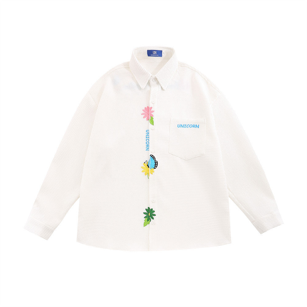 Simple Flower Embroidered Long-sleeved Men's Trendy Fashion Cardigan Casual Loose Waffle Lapel Shirt