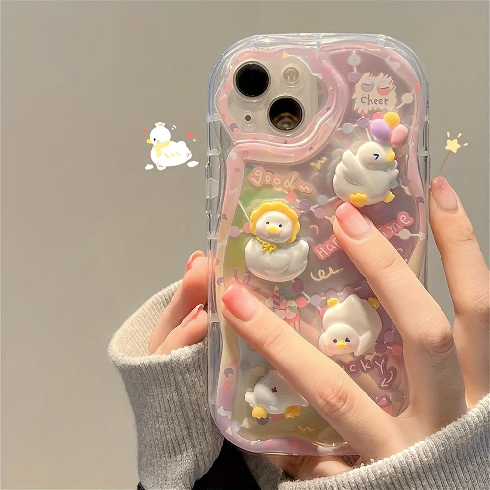 Custodia in silicone con papera 3D cartone, effetto gradiente, bordo onda per iPhone 15, 14 Pro Max, 13, 12, 11, Plus, shockproof.