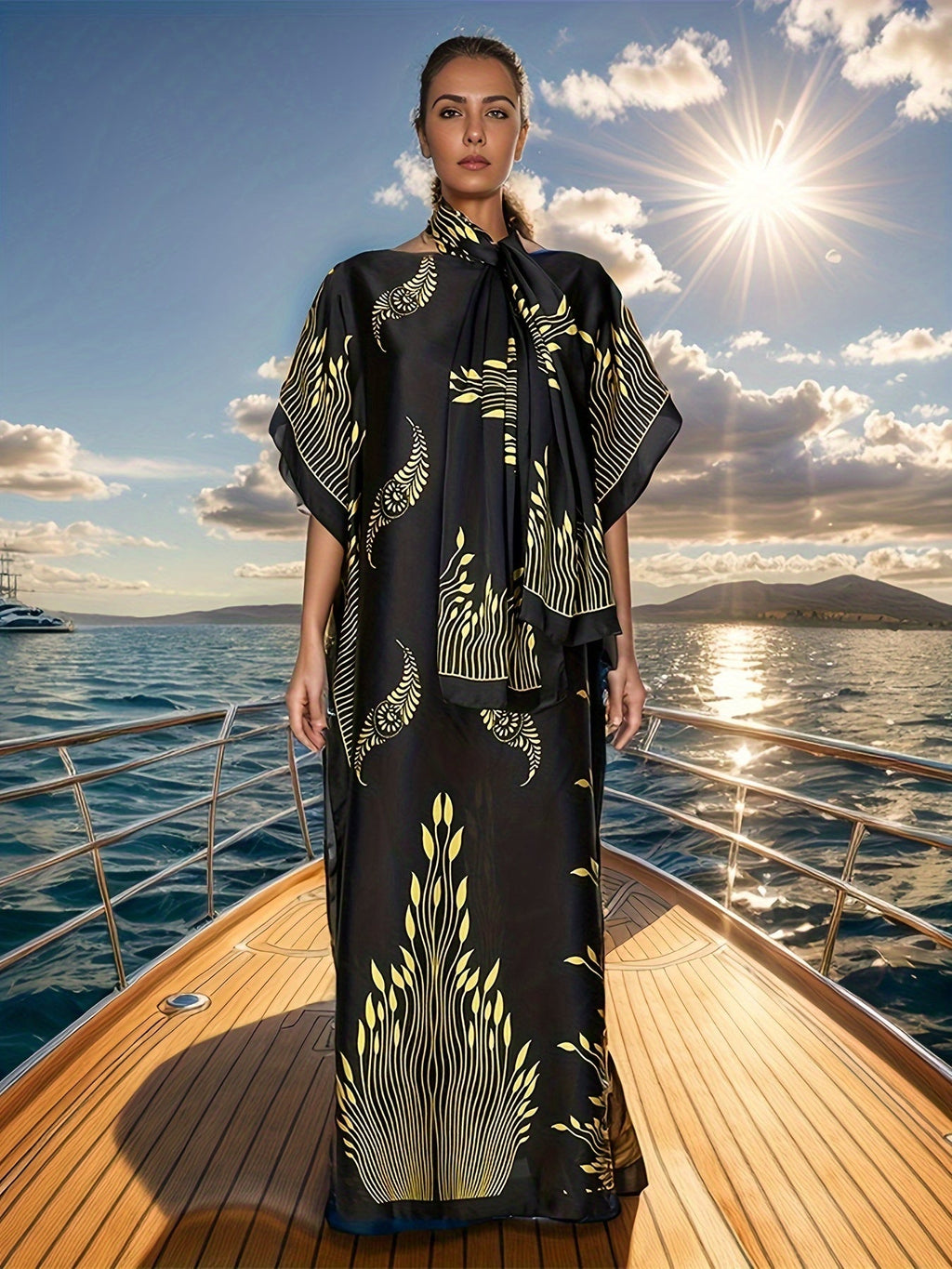 Vestito lungo estivo Valstrend con stampa tribale, maniche a pipistrello, scollo a barca e sciarpa, stile kaftan rilassato per donna