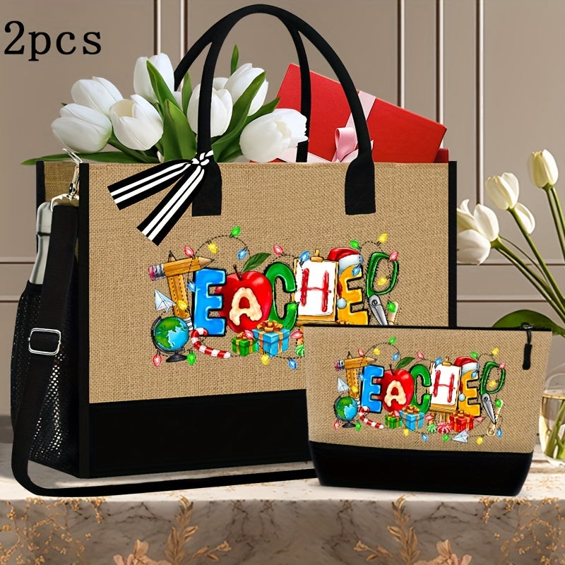 Teacher Print Tote Bag Set, 2Pcs Canvas Shopper Bag and Pouch Combo, Khaki Fabric Handbag with Adjustable Strap, Hand Washable, Positioning Printing for College and Casual Use