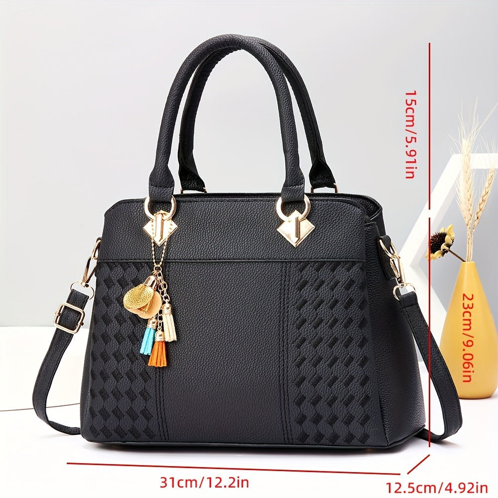 Borsa tote elegante da donna Valstrend in pelle PU con motivo a griglia, chiusura lampo, tracolla removibile, grande capacità, stile casual.