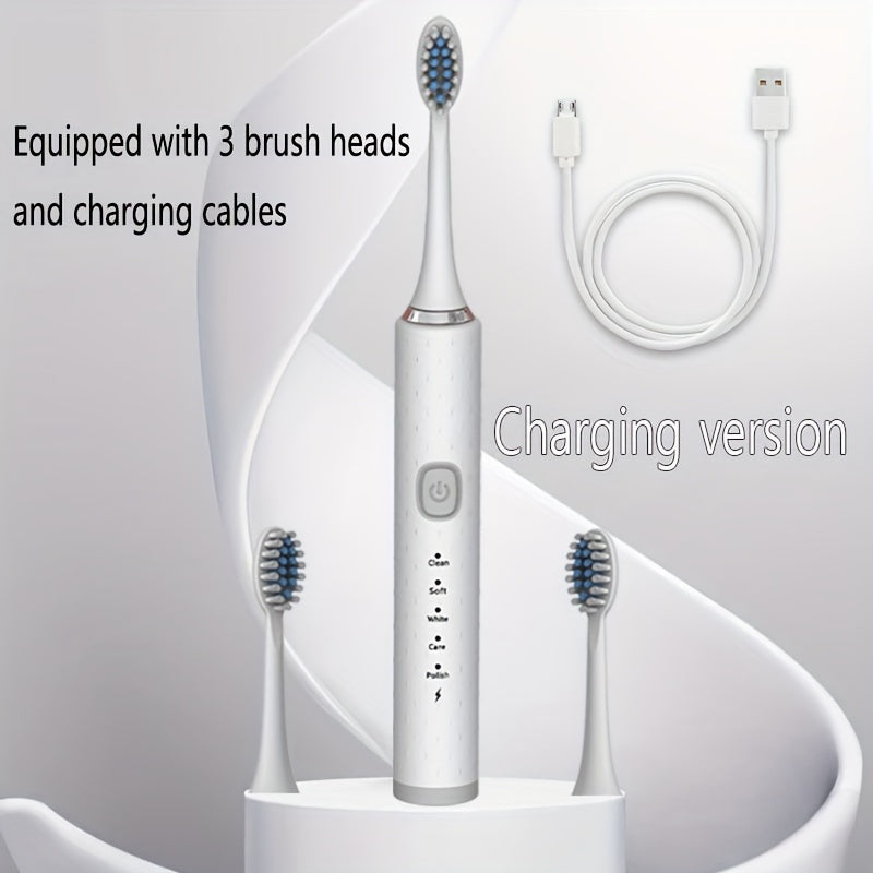 USB Charging Electric Toothbrush with 3 Brush Heads, 500mAh Lithium Battery, Smart 2-Minute Timer, One-Touch Operation, Deep Cleaning for Stain Removal and Oral Care, Ideal Gift for Friends and Family