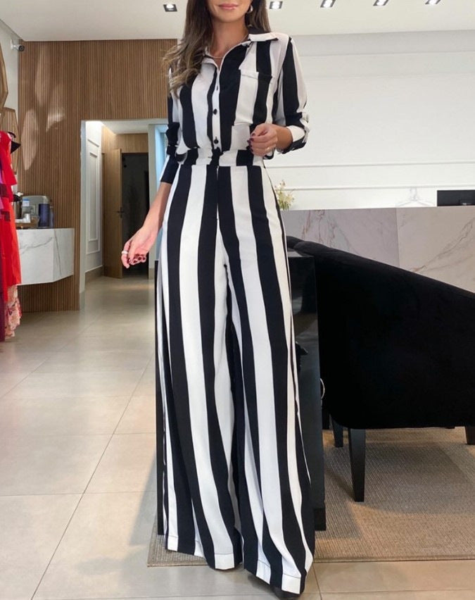 Casual Fashion Black And White Striped Button Pocket Design Shirt Wide Leg Pants Two-piece Set