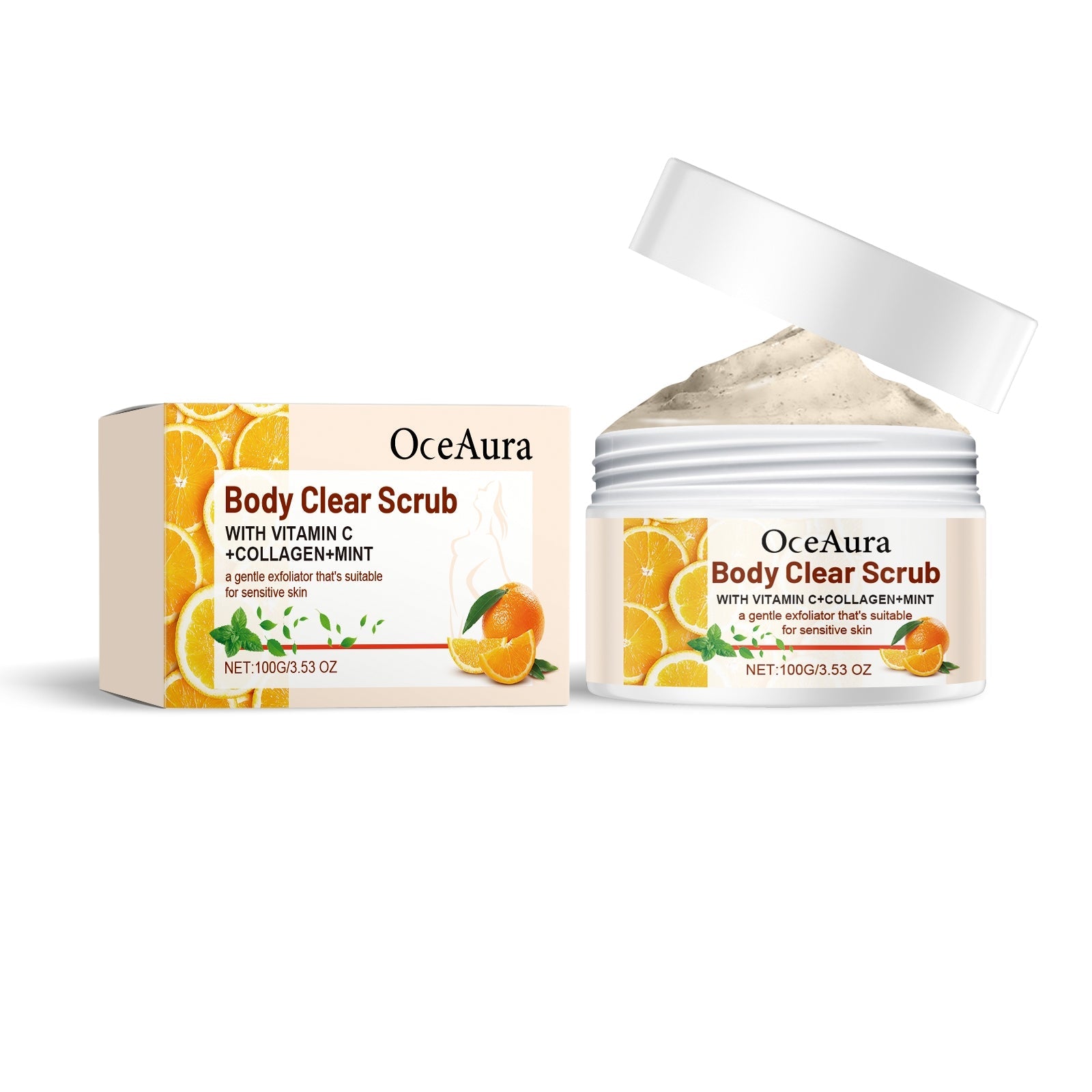 Scrub corpo arancione Valstrend Shop, texture cremosa e naturale, mostra dettagli della formula esfoliante e profumata.