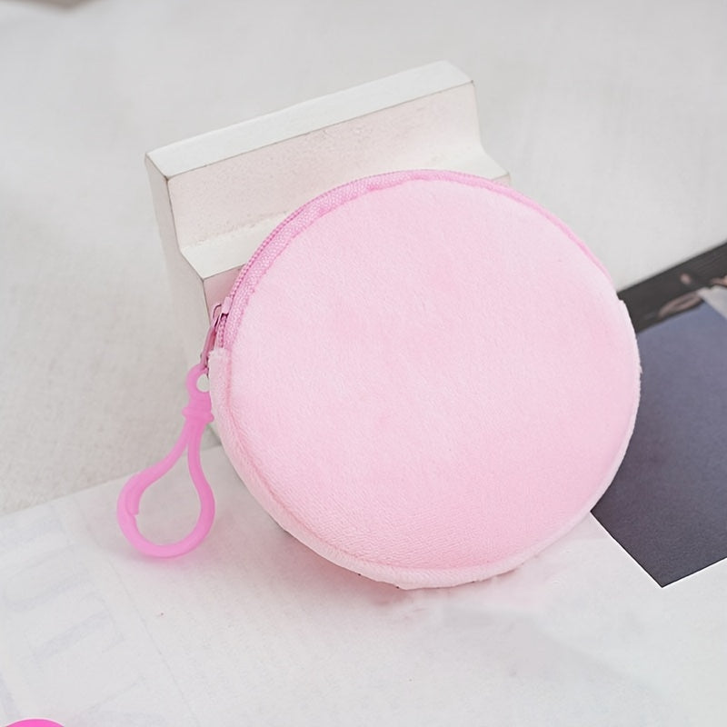 Mini Colorful Faux Fur Round Coin Purse With Key Ring, Small Zipper Pouch For Women, Simple Zipper Wallet