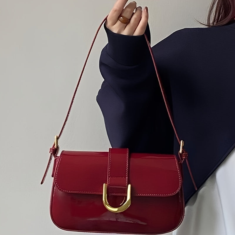 Vintage Style Geometric Pattern Crossbody Bag Burgundy with Gold-Tone Horseshoe Buckle, Faux Leather Messenger Bag with Polyester Lining and Painted Edges, Elegant Shoulder Bag with Buckle Closure