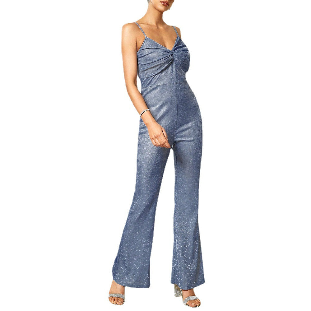 Tuta da donna Valstrend con paillettes, pieghetta, senza schiena e con sandali a fascia, stile elegante e alla moda.