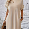 Solid Color Crew Neck Dress, Elegant Pocket Batwing Sleeve Dress For Spring & Summer, Women's Clothing