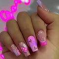 Set di 24 unghie finte rosa lucide con punta francese, decorazioni a cuore e fiori, forma quadrata lunga, per donne e ragazze.