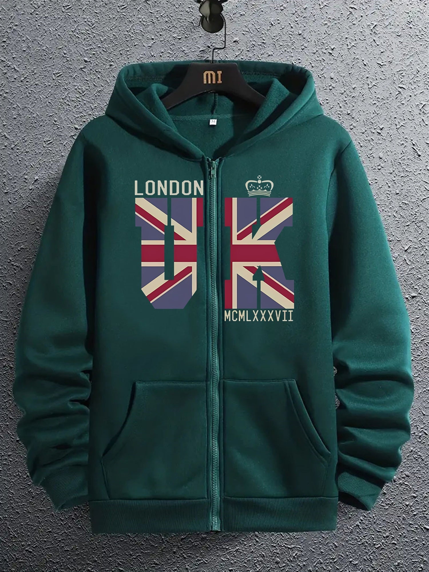 Felpa con cappuccio Valstrend, motivo Union Jack con alfabeto, zip, tasca canguro, maniche lunghe, tessuto elasticizzato, stile casual.