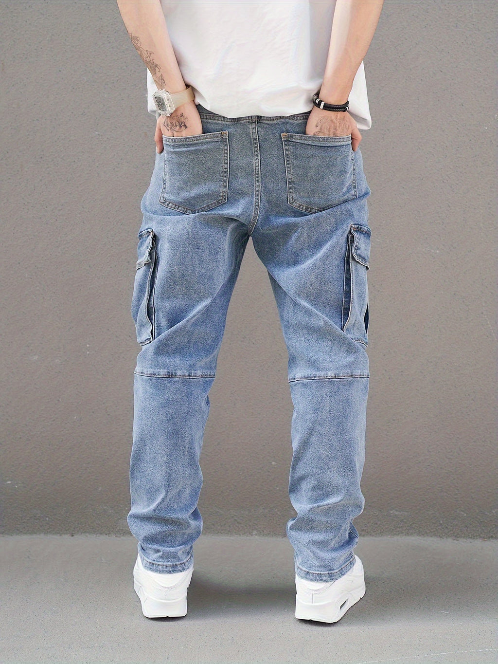 Pantaloni jeans slim-fit da uomo Valstrend, in denim solido con più tasche, ideali per attività all'aperto in primavera e autunno