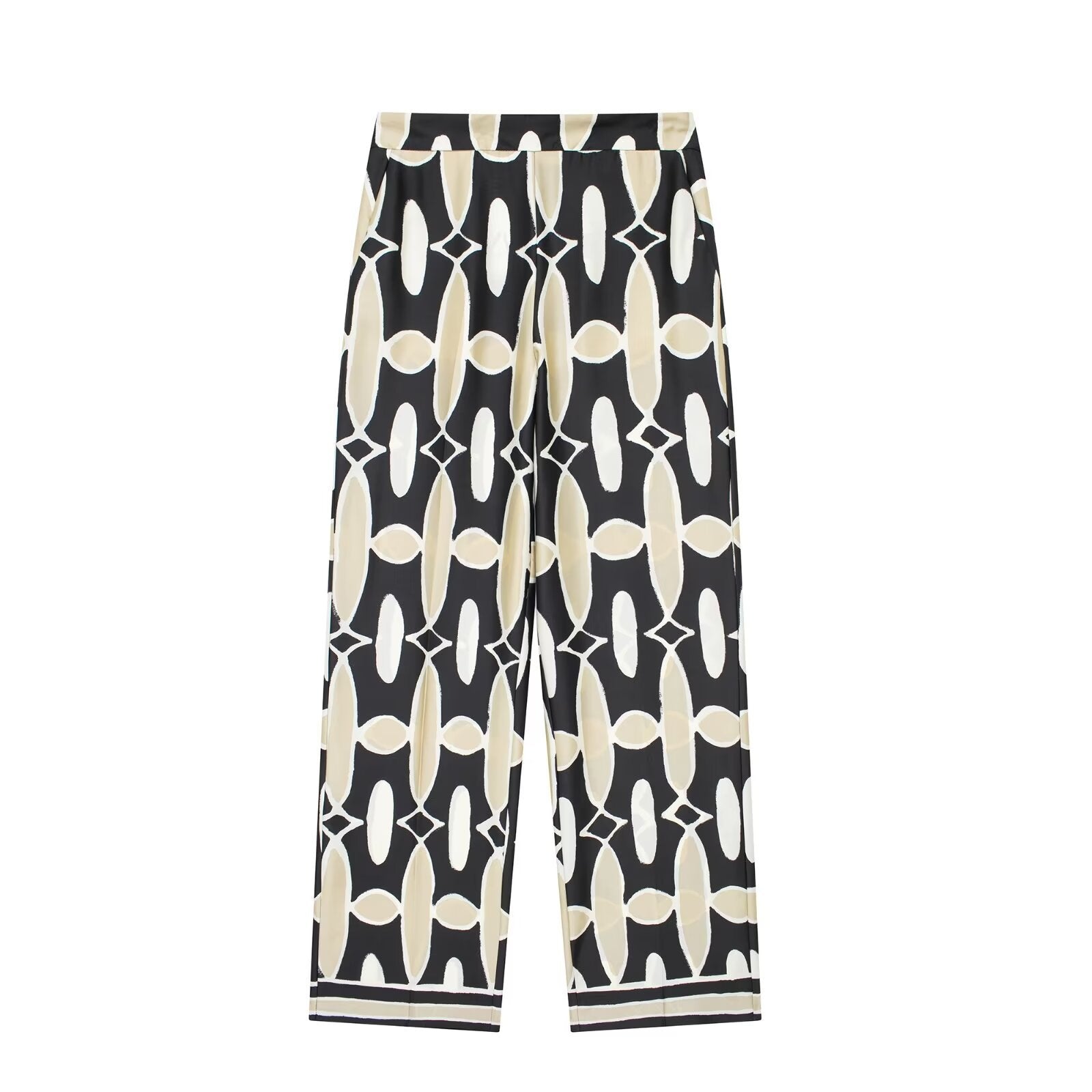 Camicia e pantaloni donna Valstrend con motivo geometrico stampato, abbigliamento primaverile elegante e casual.