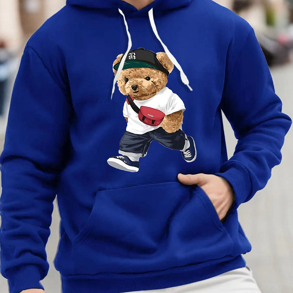 Fashion Teddy Bear Graphic Print, Men's Fashion Casual Hoodie With Drawstring And Kangaroo Pocket Design, Comfy Long Sleeves Pullover Hoodie, Autumn And Winter Top For Men
