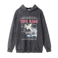 Felpa con cappuccio vintage washed con stampa squalo, marchio Valstrend Shop, tessuto morbido e design casual.