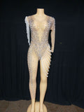 Rhinestone Bead Necklace Stretch Tight Jumpsuit