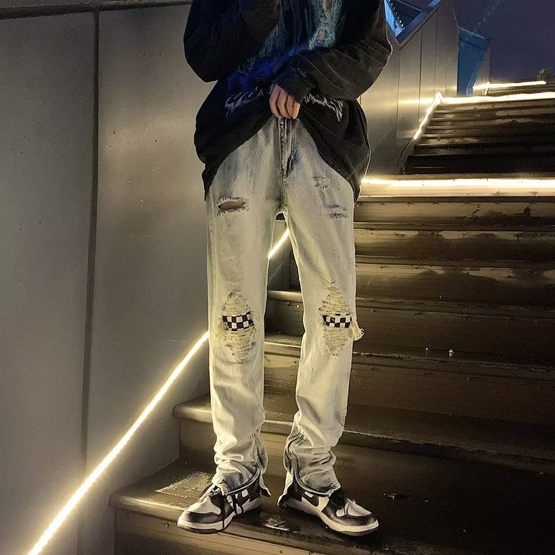Jeans strappati da uomo Valstrend, stile americano retrò, lavaggio vintage, dettagli distressed, vestibilità moderna.