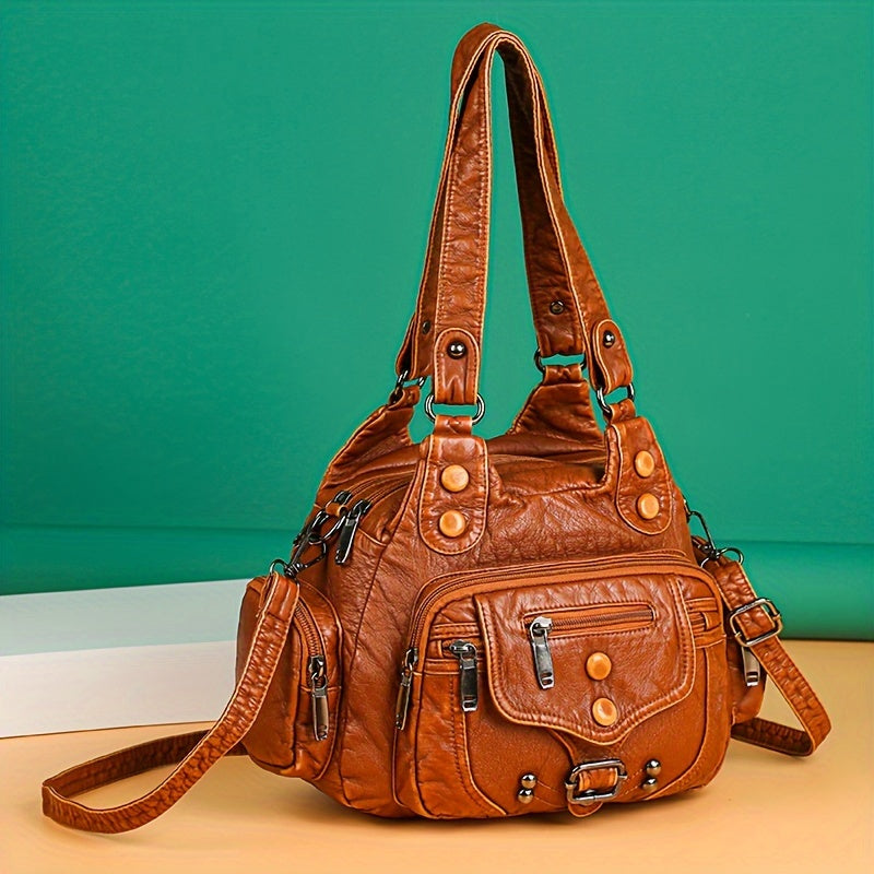 Borsa tote in stile vintage Valstrend con tracolla regolabile, fodera in poliestere e chiusura a zip, vista dall'alto.