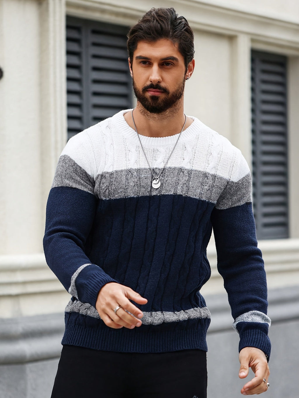 Maglione uomo a blocchi di colore e tessuto testurizzato, stile casual e business, ideale per autunno e inverno, marca Valstrend.