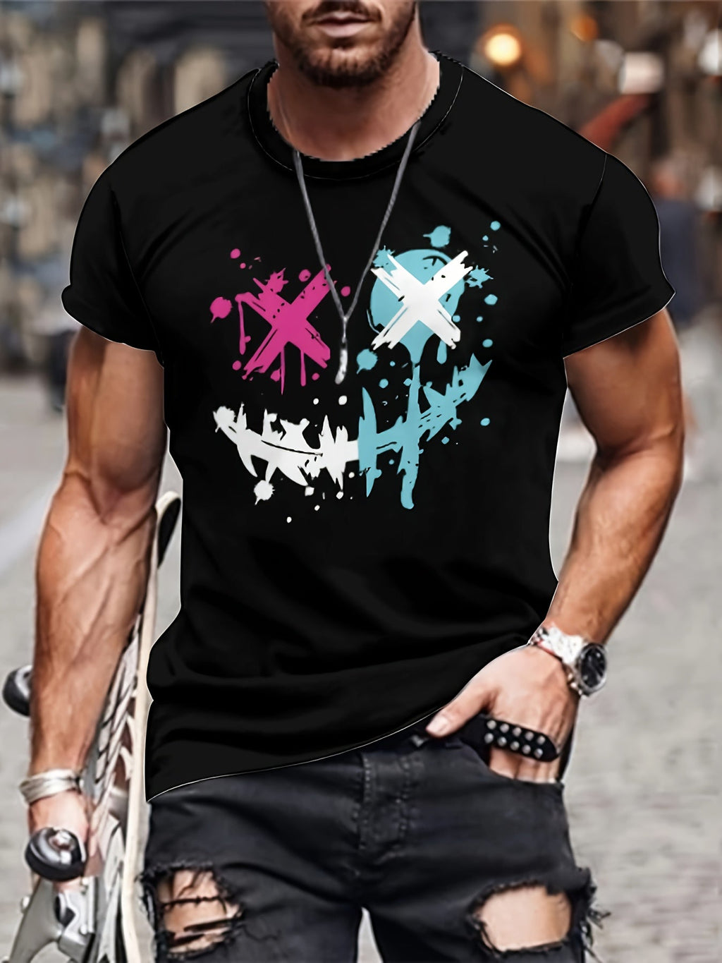 T-shirt da uomo Valstrend con stampa faccia sorridente malvagia, maniche corte, colletto rotondo, stile casual e trendy.
