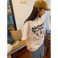 Maglietta donna in cotone a maniche corte, stile estivo, con stampa cartoon koreana, vestibilità sciolta e di tendenza Valstrend.