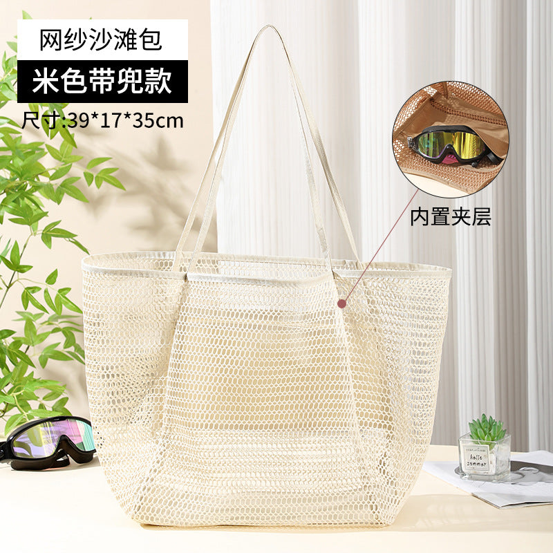 Borsa da spiaggia portatile Valstrend con scomparto sandwich, ideale per viaggi, colore blu con design a griglia.