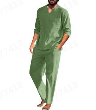 Completo da uomo casual in cotone e lino di Valstrend, con tasca, elastico e colore solido, ideale per look informali.