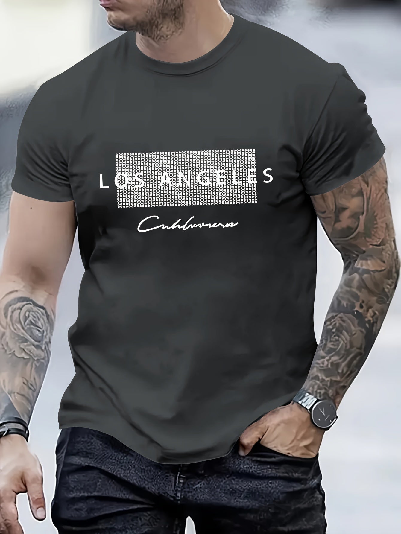 T-shirt casual da uomo Valstrend shop con stampa Los Angeles, manica corta per estate, tessuto leggero e comodo.