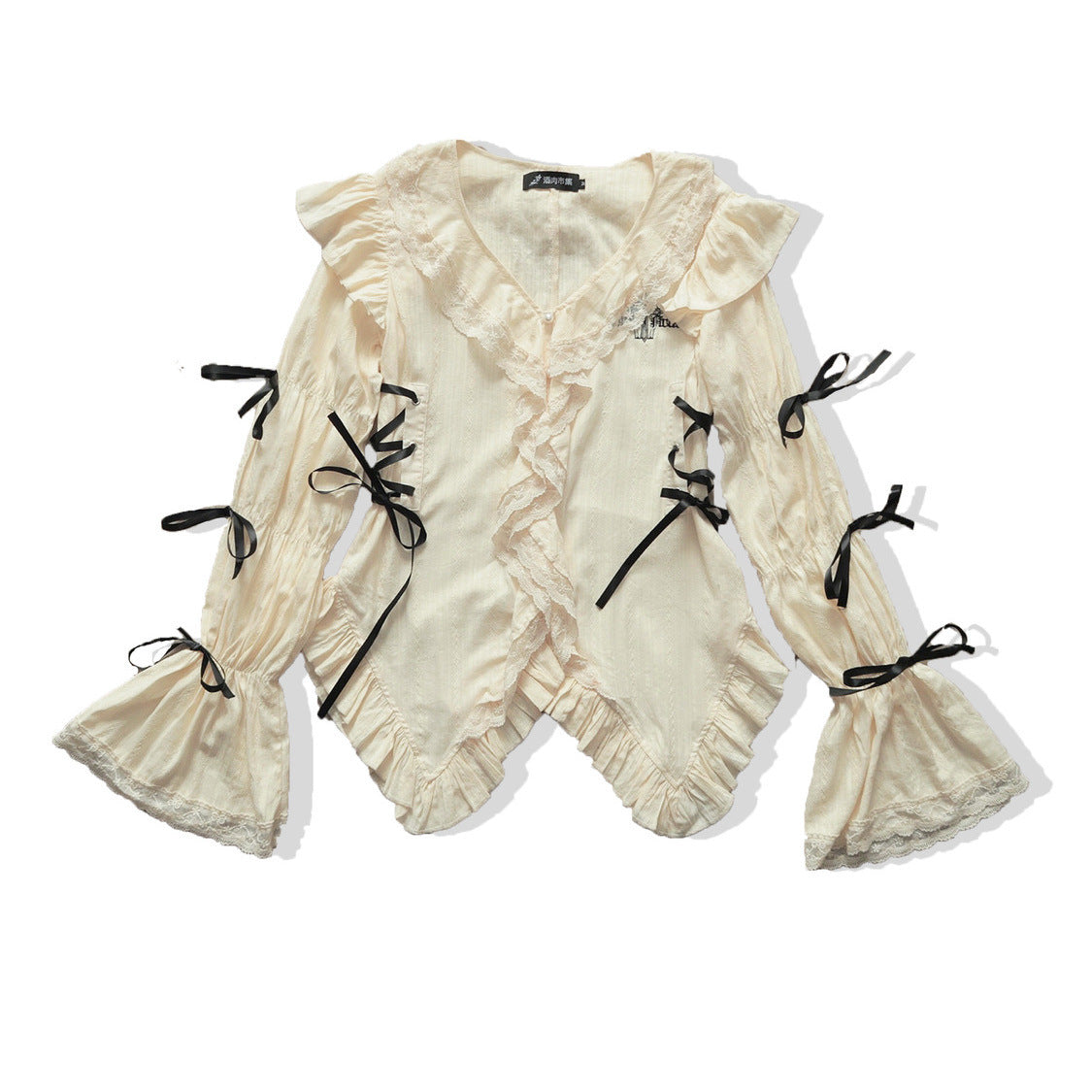 Camicia vintage Valstrend con maniche a sbuffo ricamate in jacquard con fiocco e dettagli eleganti.
